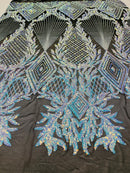 Iridescent Aqua Sequins on Black Mesh, Geometric Design on Mesh 4way Stretch Sequin-Prom-Gown By The Yard