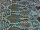 Iridescent Aqua Sequins on Black Mesh, Geometric Design on Mesh 4way Stretch Sequin-Prom-Gown By The Yard