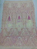 Iridescent Pink Sequins on Blush Mesh, Geometric Design on Mesh 4way Stretch Sequin-Prom-Gown By The Yard