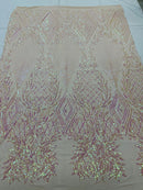Iridescent Pink Sequins on Blush Mesh, Geometric Design on Mesh 4way Stretch Sequin-Prom-Gown By The Yard