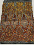 Iridescent Orange Sequins on Black Mesh, Geometric Design on Mesh 4way Stretch Sequin-Prom-Gown By The Yard