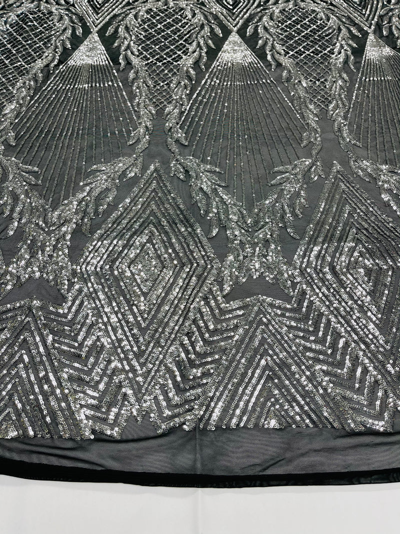 Silver Sequins on Black Mesh, Geometric Design on Mesh 4way Stretch Sequin-Prom-Gown By The Yard