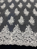 Ivory Lace - Floral Lace Fabric, Embroidery With Sequins on a Mesh Lace Fabric By The Yard For Gown, Wedding-Bridal (Choose The Quantity)