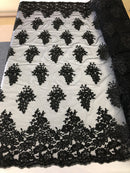 Black Lace - Floral Lace Fabric, Embroidery With Sequins on a Mesh Lace Fabric By The Yard For Gown, Wedding-Bridal (Choose The Quantity)