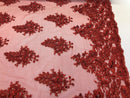 Red Lace - Floral Lace Fabric, Embroidery With Sequins on a Mesh Lace Fabric By The Yard For Gown, Wedding-Bridal (Choose The Quantity)