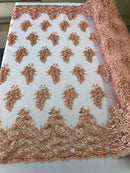 Peach Lace - Floral Lace Fabric, Embroidery With Sequins on a Mesh Lace Fabric By The Yard For Gown, Wedding-Bridal (Choose The Quantity)