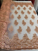 Peach Lace - Floral Lace Fabric, Embroidery With Sequins on a Mesh Lace Fabric By The Yard For Gown, Wedding-Bridal (Choose The Quantity)