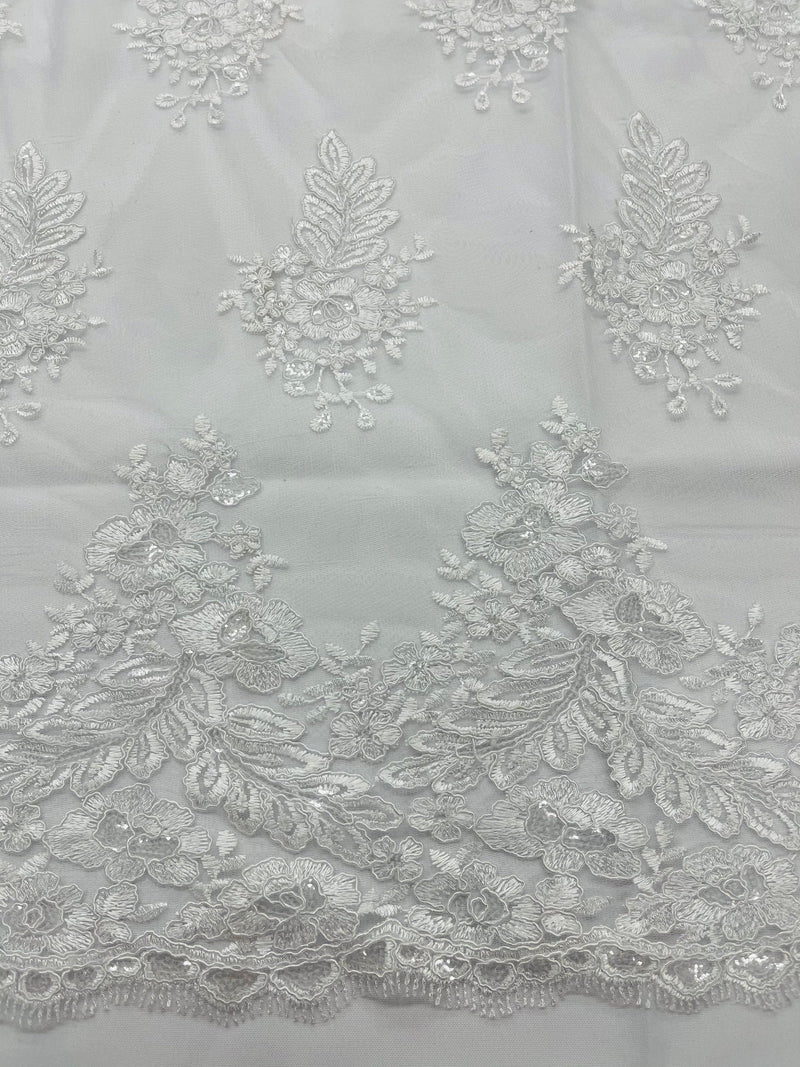 White Lace Floral Lace Fabric, Embroidery With Sequins on a Mesh Lace Fabric By The Yard For Gown, Wedding-Bridal (Choose The Quantity)