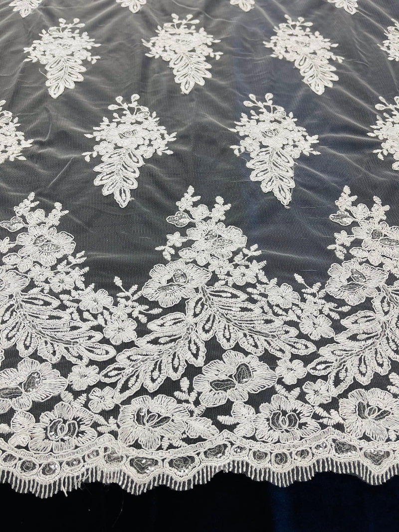 White Lace Floral Lace Fabric, Embroidery With Sequins on a Mesh Lace Fabric By The Yard For Gown, Wedding-Bridal (Choose The Quantity)