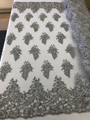 Silver Lace Floral Lace Fabric, Embroidery With Sequins on a Mesh Lace Fabric By The Yard For Gown, Wedding-Bridal (Choose The Quantity)