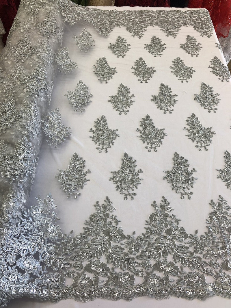 Silver Lace Floral Lace Fabric, Embroidery With Sequins on a Mesh Lace Fabric By The Yard For Gown, Wedding-Bridal (Choose The Quantity)
