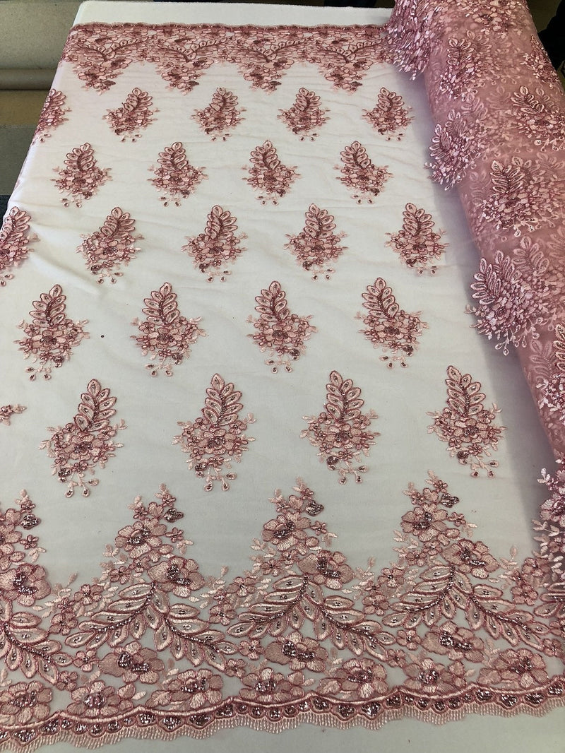 Pink Lace Floral Lace Fabric, Embroidery With Sequins on a Mesh Lace Fabric By The Yard For Gown, Wedding-Bridal (Choose The Quantity)