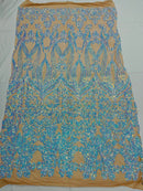Iridescent aqua Sequin Lace Fabric On Nude Mesh Damask Design Embroidered On 4 way Stretch Sequin By The Yard -Prom-Gown ( Choose The Size )