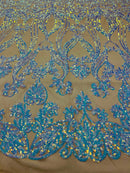 Iridescent aqua Sequin Lace Fabric On Nude Mesh Damask Design Embroidered On 4 way Stretch Sequin By The Yard -Prom-Gown ( Choose The Size )