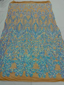 Iridescent aqua Sequin Lace Fabric On Nude Mesh Damask Design Embroidered On 4 way Stretch Sequin By The Yard -Prom-Gown ( Choose The Size )