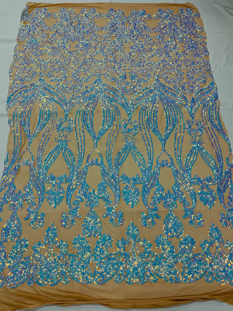 Iridescent aqua Sequin Lace Fabric On Nude Mesh Damask Design Embroidered On 4 way Stretch Sequin By The Yard -Prom-Gown ( Choose The Size )