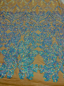 Iridescent aqua Sequin Lace Fabric On Nude Mesh Damask Design Embroidered On 4 way Stretch Sequin By The Yard -Prom-Gown ( Choose The Size )