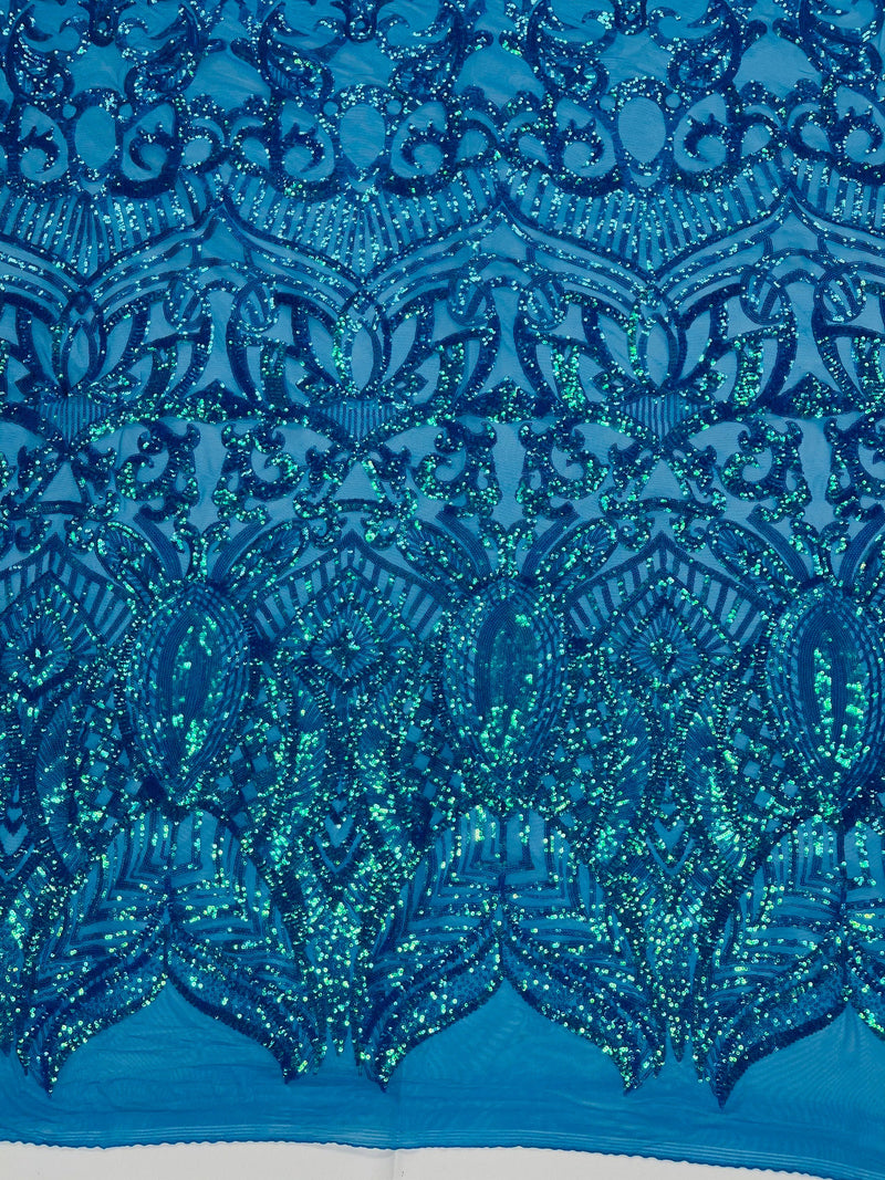 Iridescent Sequin Fabric - Iridescent Turquoise - 4 Way Stretch Royalty Lace Sequin By Yard