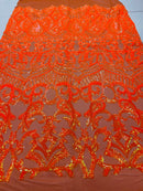 Iridescent Sequin Fabric - Iridescent Neon Orange - 4 Way Stretch Royalty Lace Sequin By Yard