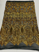 Iridescent Sequin Fabric - Gold on Black - 4 Way Stretch Royalty Lace Sequin By Yard