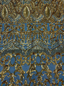 Iridescent Sequin Fabric - Gold on Black - 4 Way Stretch Royalty Lace Sequin By Yard