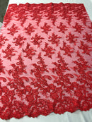 Red Flower Lace Fabric - Floral Clusters Embroidered With sequins on a Mesh Lace Fabric Sold By The Yard