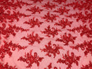 Red Flower Lace Fabric - Floral Clusters Embroidered With sequins on a Mesh Lace Fabric Sold By The Yard
