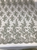 Silver Flower Lace Fabric - Floral Clusters Embroidered With sequins on a Mesh Lace Fabric Sold By The Yard