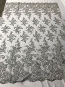 Silver Flower Lace Fabric - Floral Clusters Embroidered With sequins on a Mesh Lace Fabric Sold By The Yard
