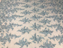 Baby Blue Flower Lace Fabric - Floral Clusters Embroidered With sequins on a Mesh Lace Fabric Sold By The Yard