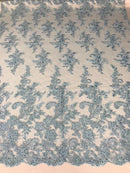 Baby Blue Flower Lace Fabric - Floral Clusters Embroidered With sequins on a Mesh Lace Fabric Sold By The Yard