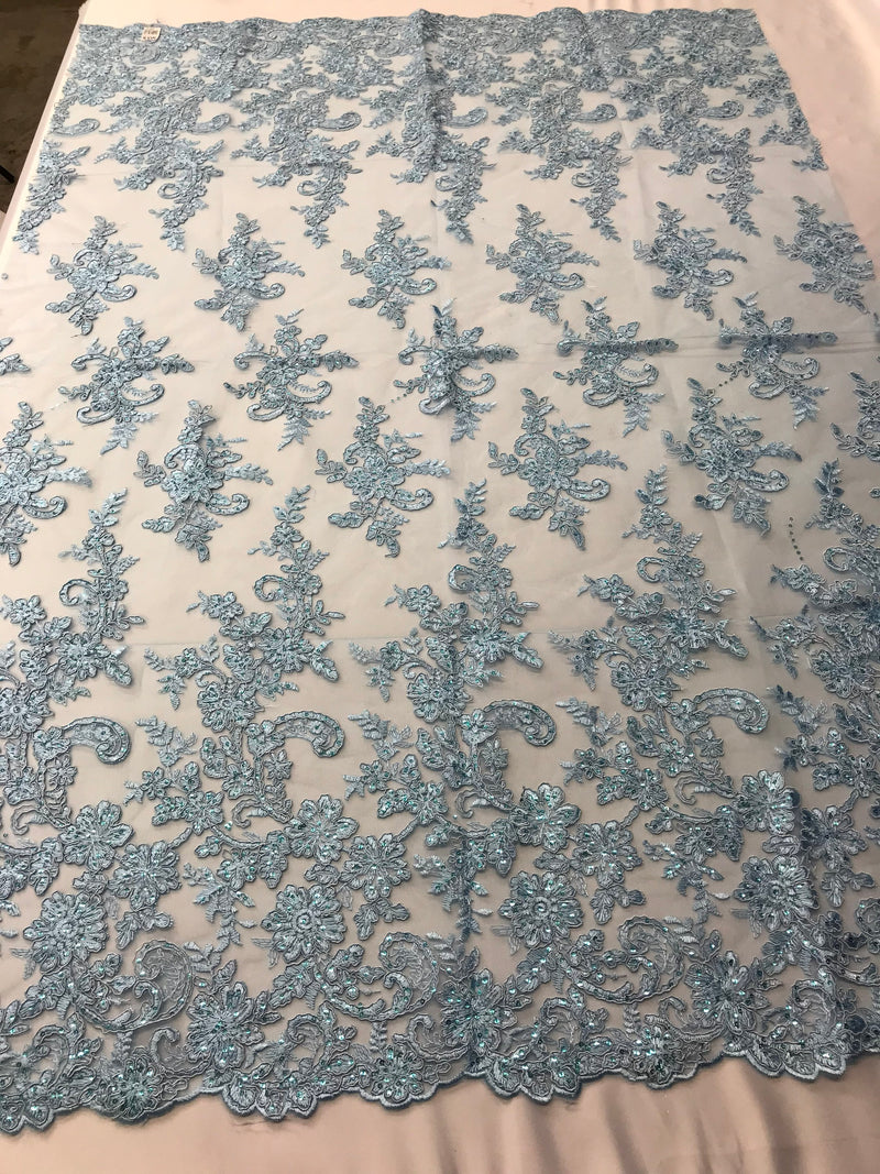 Baby Blue Flower Lace Fabric - Floral Clusters Embroidered With sequins on a Mesh Lace Fabric Sold By The Yard