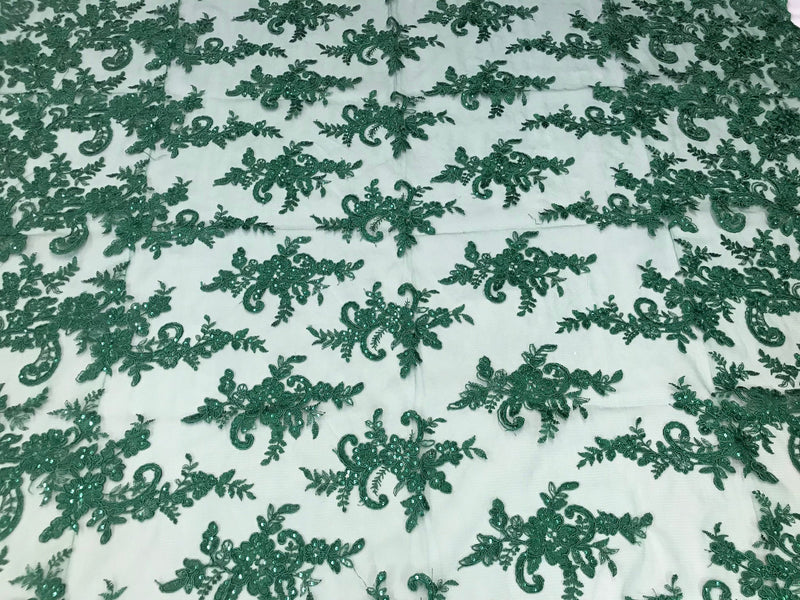 Hunter Green Flower Lace Fabric - Floral Clusters Embroidered With sequins on a Mesh Lace Fabric Sold By The Yard