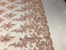 Blush Flower Lace Fabric - Floral Clusters Embroidered With sequins on a Mesh Lace Fabric Sold By The Yard