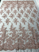 Blush Flower Lace Fabric - Floral Clusters Embroidered With sequins on a Mesh Lace Fabric Sold By The Yard