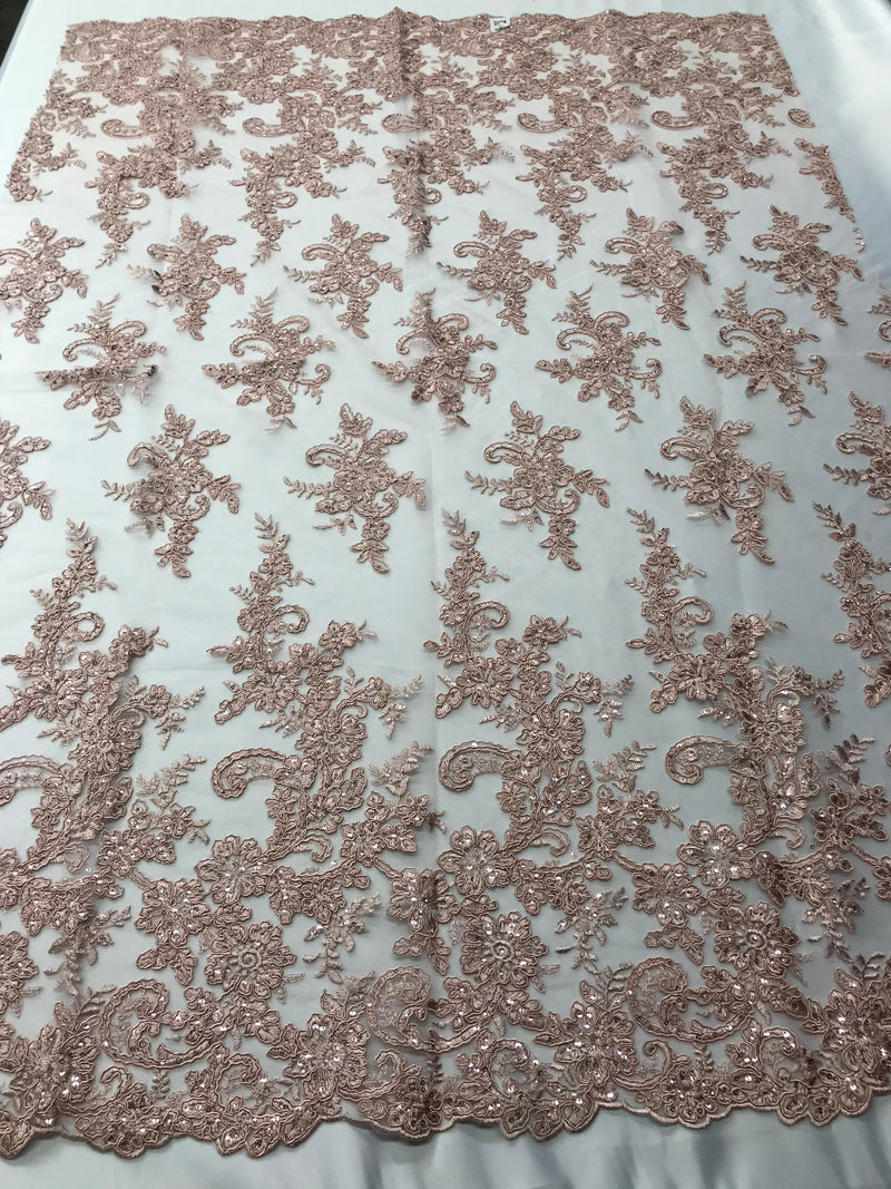 Blush Flower Lace Fabric - Floral Clusters Embroidered With sequins on a Mesh Lace Fabric Sold By The Yard