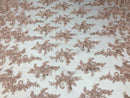 Blush Flower Lace Fabric - Floral Clusters Embroidered With sequins on a Mesh Lace Fabric Sold By The Yard