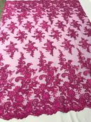 Fuchsia Flower Lace Fabric - Floral Clusters Embroidered With sequins on a Mesh Lace Fabric Sold By The Yard
