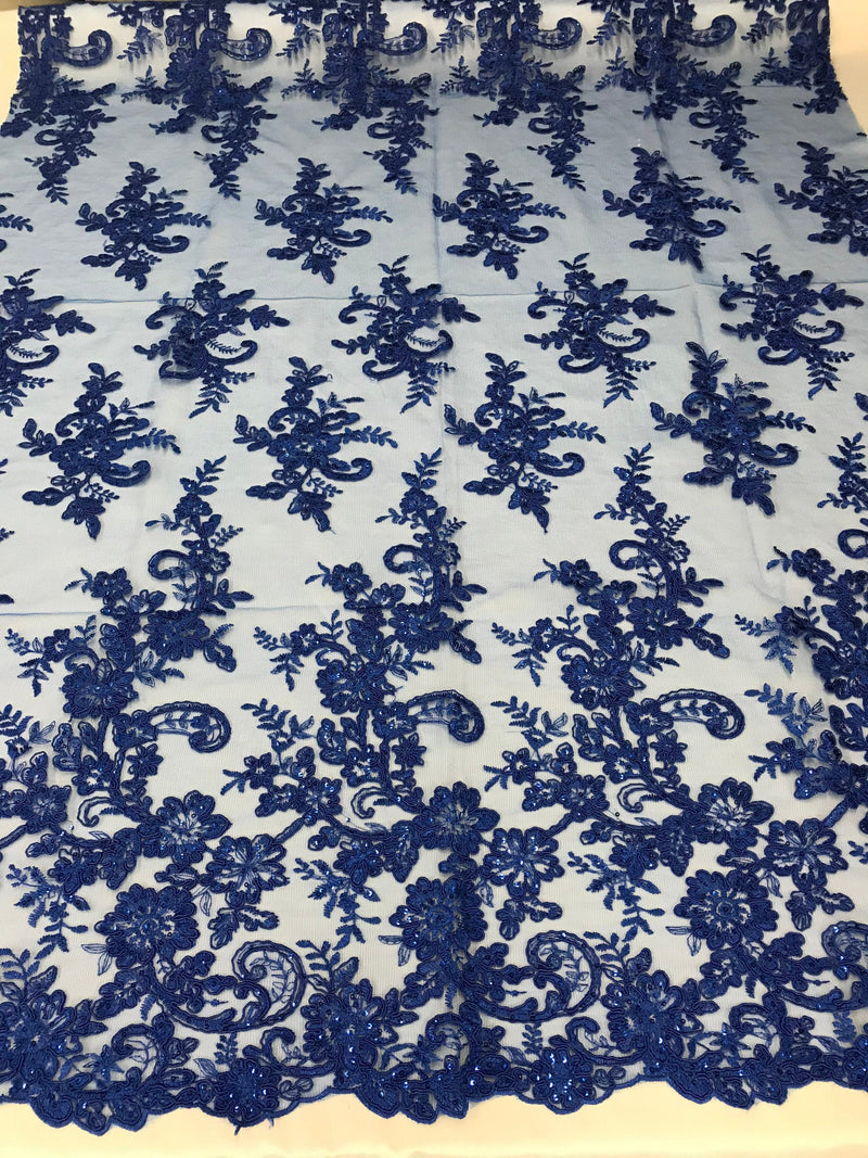 Royal Blue Flower Lace Fabric - Floral Clusters Embroidered With sequins on a Mesh Lace Fabric Sold By The Yard