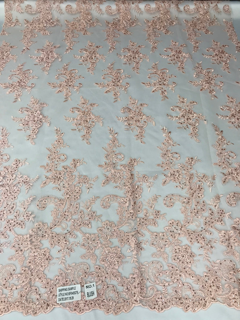 Pink Flower Lace Fabric - Floral Clusters Embroidered With sequins on a Mesh Lace Fabric Sold By The Yard