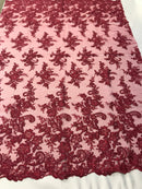 Burgundy Flower Lace Fabric - Floral Clusters Embroidered With sequins on a Mesh Lace Fabric Sold By The Yard