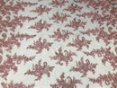Dusty Rose Flower Lace Fabric - Floral Clusters Embroidered With sequins on a Mesh Lace Fabric Sold By The Yard