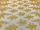Gold Flower Lace Fabric - Floral Clusters Embroidered With sequins on a Mesh Lace Fabric Sold By The Yard