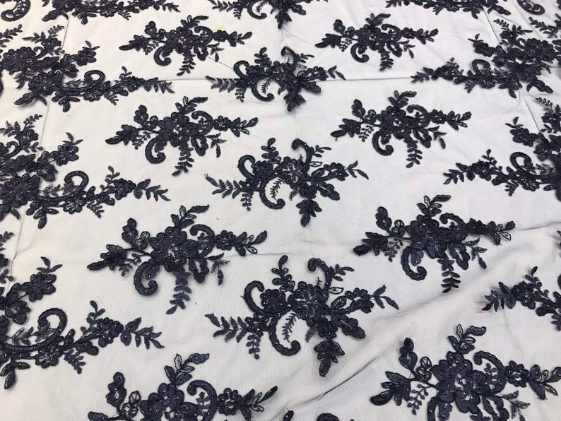 Navy Flower Lace Fabric - Floral Clusters Embroidered With sequins on a Mesh Lace Fabric Sold By The Yard