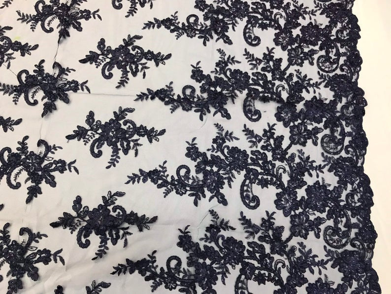 Navy Flower Lace Fabric - Floral Clusters Embroidered With sequins on a Mesh Lace Fabric Sold By The Yard