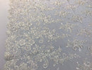 Ivory Flower Lace Fabric - Floral Clusters Embroidered With sequins on a Mesh Lace Fabric Sold By The Yard