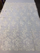 Ivory Flower Lace Fabric - Floral Clusters Embroidered With sequins on a Mesh Lace Fabric Sold By The Yard