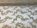 Champagne Floral Lace Fabric, Embroidery With Sequins on a Mesh Lace Fabric By The Yard For Gown, Wedding-Bridal
