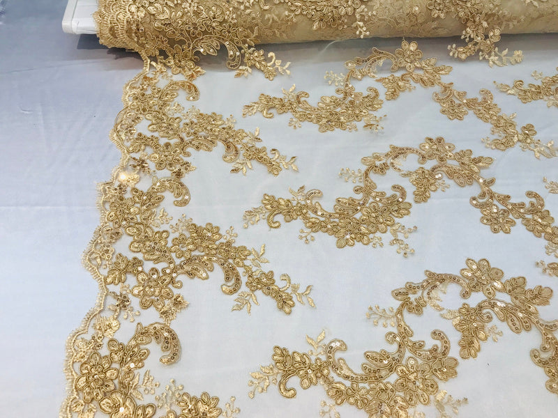 Gold Floral Lace Fabric, Embroidery With Sequins on a Mesh Lace Fabric By The Yard For Gown, Wedding-Bridal