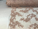 Blush Floral Lace Fabric, Embroidery With Sequins on a Mesh Lace Fabric By The Yard For Gown, Wedding-Bridal